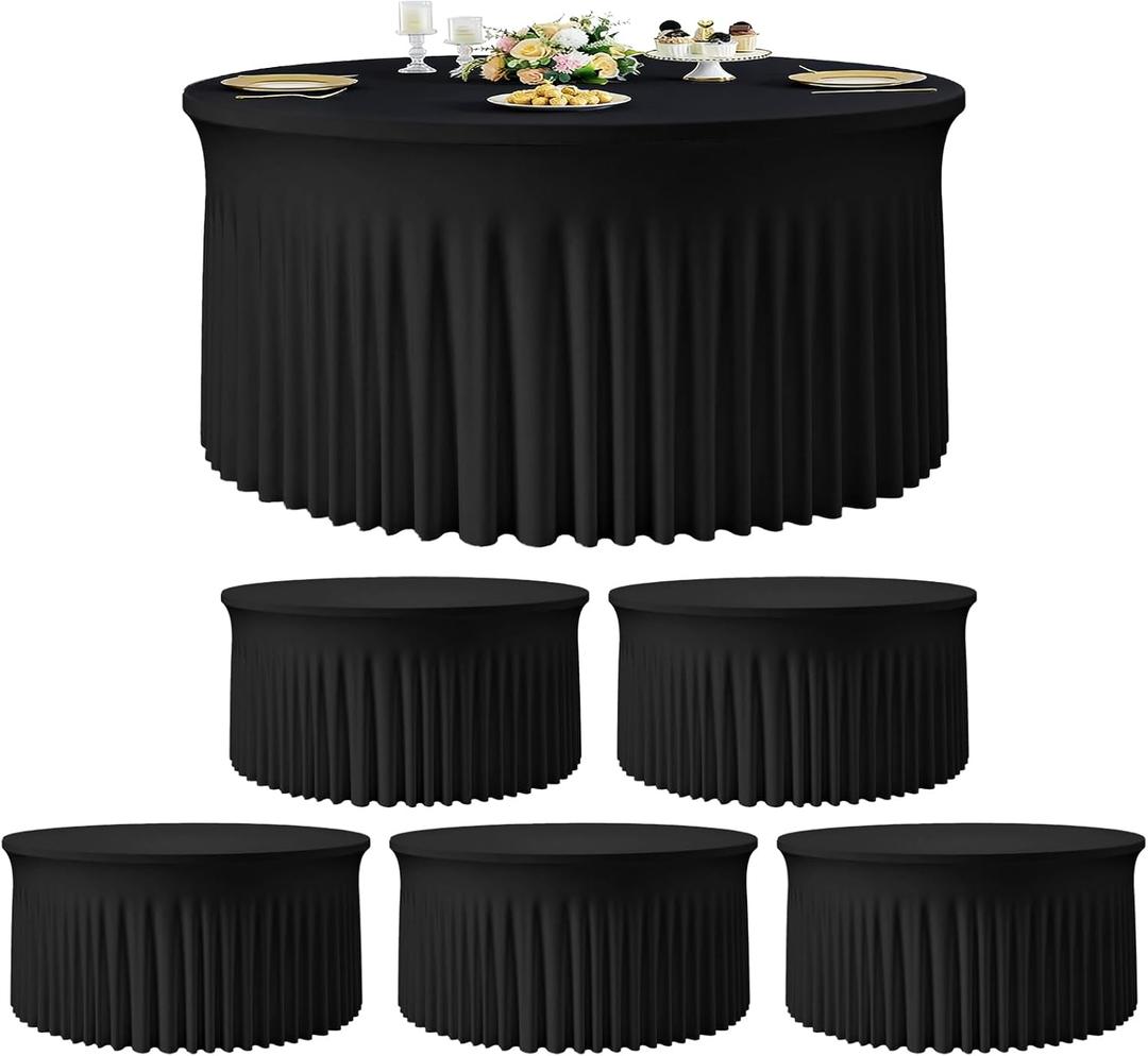 6Pack Black Round Spandex Tablecloths for 72inch/6FT Tables - Stretchy Fitted 6FT Round Table Cloths Wrinkle Free 132inch Table Cloth with Skirt for Wedding Birthday Graduation Party Banquet