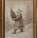 Vintage Christmas Decor Farmhouse Wall Art Gold Framed Rustic Winter Landscape Santa Pictures Painting for Home Living Room Decor (Santa, 20L" x 16W")