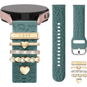 5PCS Charm Leopard Engraved Band Compatible with Samsung Galaxy Watch 7/6/5/4/For Galaxy FE 6 5 4 40mm 44mm,Galaxy Active 2,20mm Watch Band Soft Silicone Strap with 5PCS Ring Loops (Pinegreen-GoldLove)