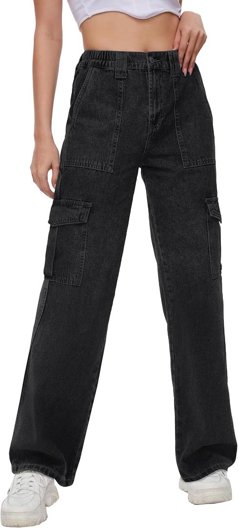 Tapata Women's 26" Cargo Jeans Straight Leg Short Petite Regular Tall Denim Relaxed Y2K Pants (Black) XL