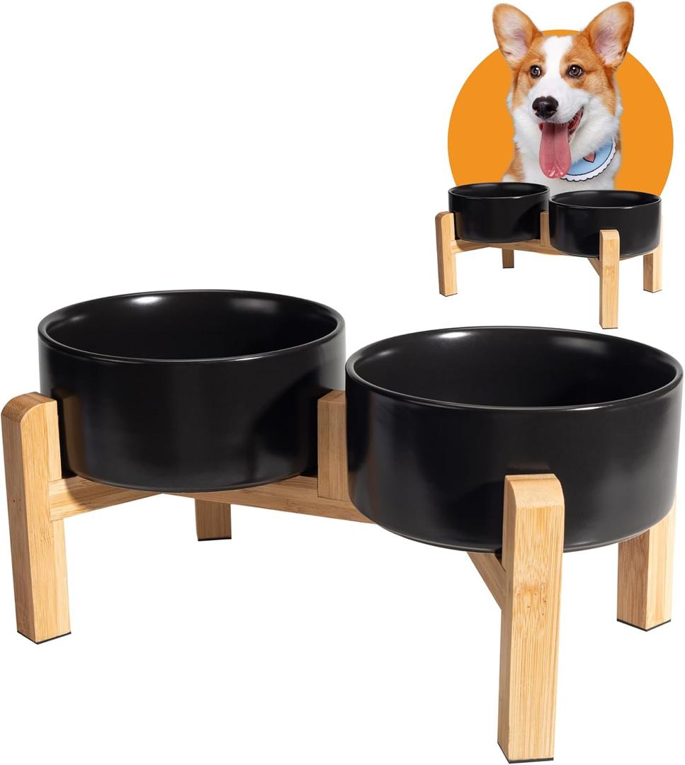 Elevated Ceramic Dog Bowl Set - Raised Dog Bowls with Non-Slip Bamboo Stand - Dog Food and Water Bowl Set - Double Dog Feeding Bowls - Suitable for Small and Medium Dogs - 28.74 OZ - 3.6 CUPS - 850 ML (Black)