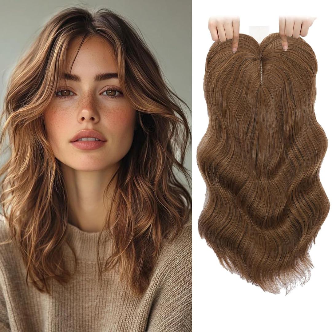 TYQ Hair Toppers for Women with Thinning Hair,14 Inch 360 3D Synthetic Curly Wavy Side Part Clip in Bangs(Coffee Brown) (#12/16)