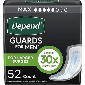 Depend Guards Incontinence Pads for Men, Maximum Absorbency, 52 Count