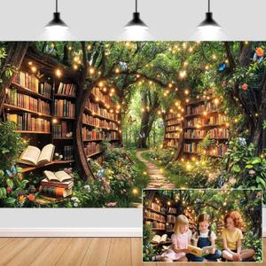 10X8ft Enchanted Forest Fairy Library Backdrop Fairy Tale Magic Bookshelf Green Garden Book Tree Floral Butterfly Photography Background Birthday Party Decorations Baby Shower Banner Photo Booth Props