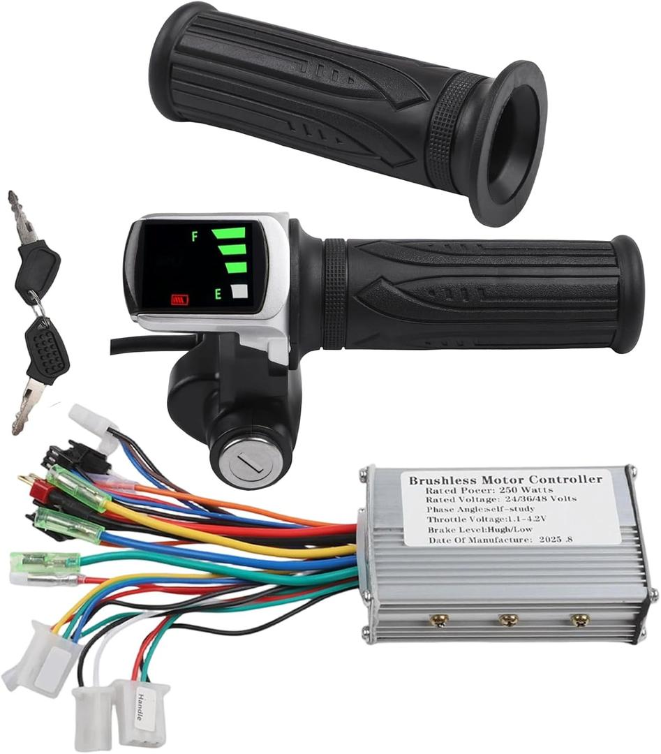 15A Ebike Brushless Motor Controller with LCD Display and Throttle Handlebar for 24V/36V/48V 250W Lithium Battery, Three-Speed Control, Voltage Protection
