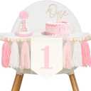 GCQQ Pink One High Chair Banner - Baby Girl First Birthday Decorations 1st Birthday Girls One Year Old Outfit Garlands with Wood Bead Tassel Conical Hat Cake Topper for Baby Shower Party Decoration