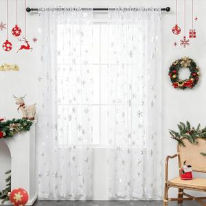 Christmas Sheer Curtains for Living Room, Luxury Snowflake Silver Foil Print Sheer Curtains, Rod Pocket Window Drapes Decorations for Bedroom and Home Decor, 2 Panels White 52W x 63L