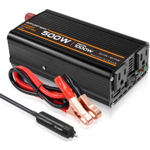 500W Power Inverter, Inverter 12V to 110V with 2 AC Outlets, 2.1A USB Port, Car Power Inverter with Alligator Battery Clamp for Phone, Laptop on Camping, Road Trip
