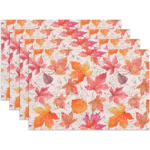 Softalker Fall Placemats Set of 4, 12 x 18 Inch, Printed Thanksgiving Maple Leaf Linen Table Mats, Seasonal Autumn Holiday Table Decorations for Kitchen, Dining, Party Decor