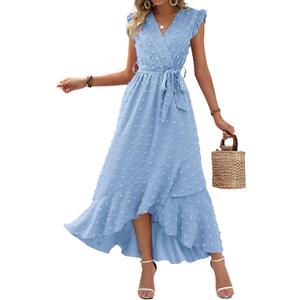 BTFBM Boho Dresses for Women 2026 Summer Fashion Cap Sleeve Swiss Dot Flowy Ruffle Beach Wedding Cocktail Maxi Dress(Sky Blue, Small)