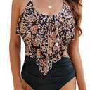 Edelqual Women's One Piece Tummy Control Swimsuits Full Coverage Swim Bathing Suit Slimming Modest Ruffle Swimwear (Black Floral), Large