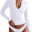 REORIA Double Lined Quarter Zip Sexy V Neck Long Sleeve Cropped Top Going Out Tops for Womens Fall Fashion 2025 (Medium, White)