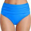 Tempt Me Women's High Waisted Bikini Bottom Tummy Control Ruched Bathing Suit Swim Bottom (Blue)