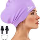 Large Long Hair Swim Cap with Extra Room for Women Men, Silicone Swimming Cap for Long Thick Hair with Ear Plugs Nose Clip Set, Adult Waterproof Swim Hats Bathing Caps to Keep Hair Dry(Light Purple)