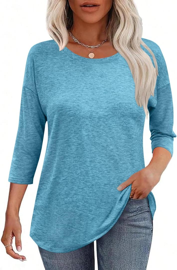 Kancystore Womens 3/4 Length Sleeve Tops Casual Loose Fit Tunic Shirts Crewneck Basic Tees (Blue, M)