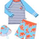 Boys Rash Guard Swimsuits Sets Shark Print Long Sleeve Bathing Suit Swimwear Set with Hat,130/60