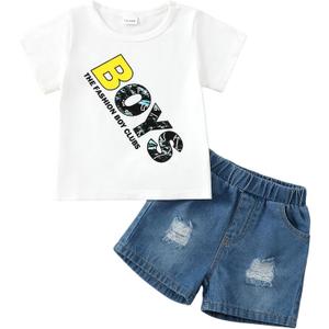NZRVAWS Baby Boy Clothes Toddler Boy Outfit 2 3 4T 6 12 18 24 Months Spring Summer Letter Printed T Shirt Shorts Ripped Jean
