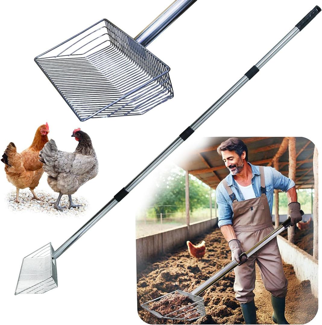 10inch Metal Chicken Poop Scooper with 54-Inch Long Handle for Coop Cleaning (black)