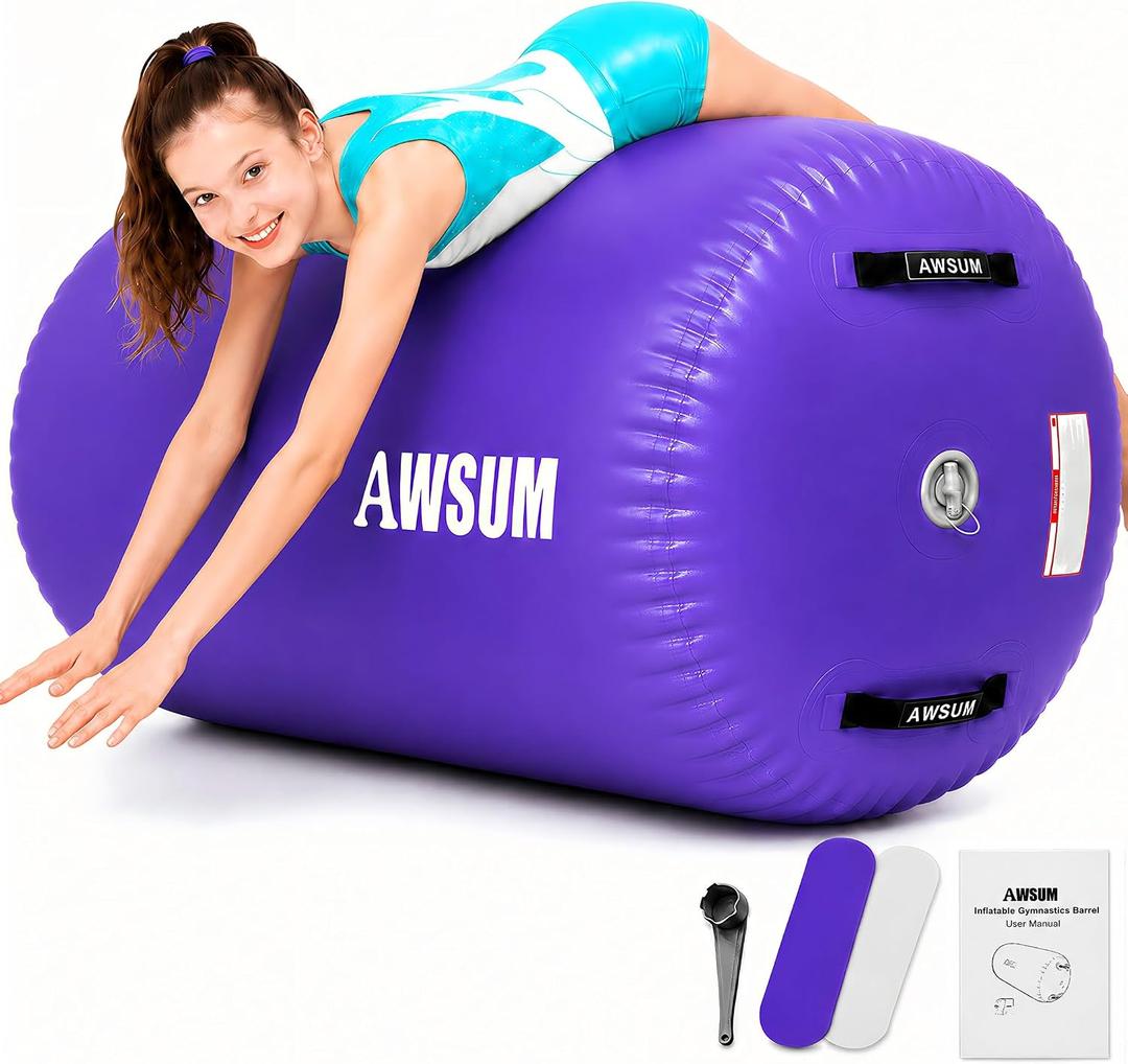 AWSUM Gymnastics Roller Barrel Tumbling Equipment Back Handspring Trainer,  (L)47.3"x(Diam)35.4"-No pump Purple