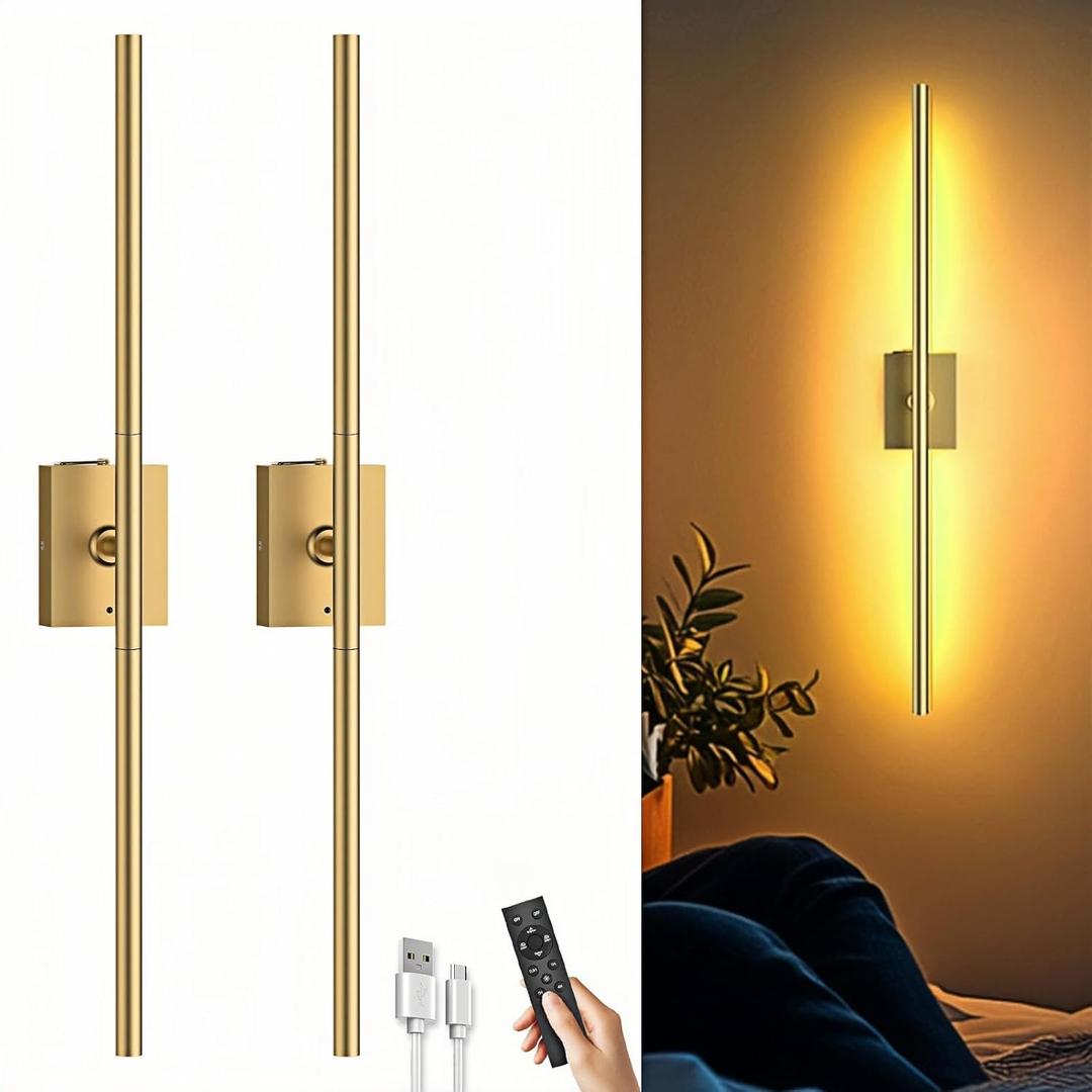 Battery Operated Wall Sconces Set of Two: Dimmable Wireless Wall Lights with Remote, 31-inch LED Rechargeable Sconces, 360 Lighting Wall Scone Decor for TV, Mirror, Bedroom, Living Room(Gold)