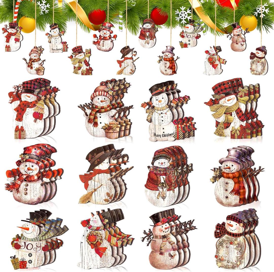 Huwena 36 Pcs Christmas Winter Snowman Ornaments for Tree Snowman Christmas Decorations Wooden Cutouts Wooden Tree Ornaments for Holiday Winter Xmas Party Supplies(Vintage)