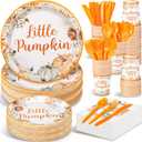 Dandat 350 Pcs Baby Shower Plates Set Baby Shower Party Supplies Serves 50 Tableware Sets Include Plates Napkin Cup Forks Knives Spoons Disposable Dinnerware(Little Pumpkin,Orange)