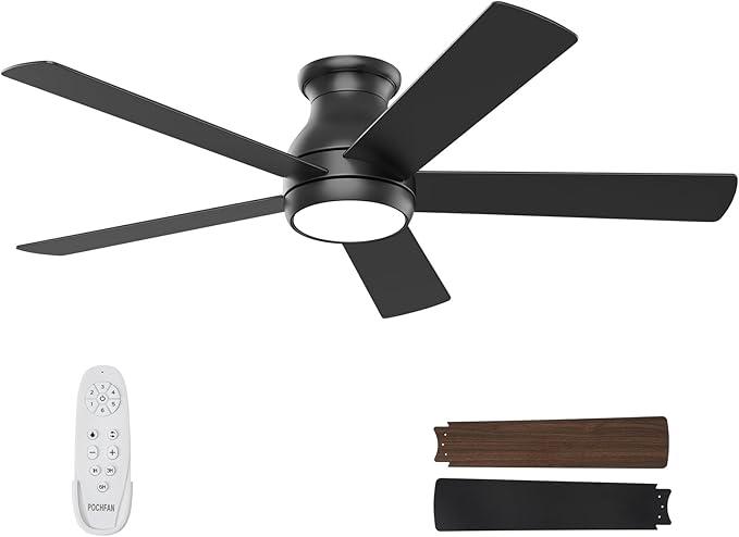 52 Inch Black Ceiling Fans with Lights and Remote, LED Low Profile Flush Mount Ceiling Fan for Bedroom, Living Room, with Quiet DC Motor, Dimmable 6 Speeds