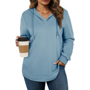 AlvaQ Womens Plus Size Sweatshirts Casual Long Sleeve V Neck Drawstring Hoodies Tops (Blue)