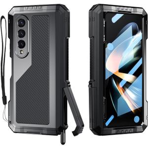 Compatible with Samsung Galaxy Z Fold 4 Case with Metal Bumper Premium Rugged Heavy Duty Shockproof Protective [S Pen Holder] [Hinge Protection] [Screen Protector] Stand Cover 5G 2022-Black