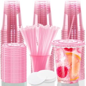 12oz Disposable Stemless Glasses With Flat Lids and Straws,PET Solo Disposable Cups ,Party Clear Plastic Wine Glasses for Parties Birthday,Wedding,Meeting,Christmas Party Supplies. (50, Pink)