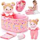 OUOZZZ 10" Soft Baby Doll Set with Plush Doll, Bassinet, Blanket and Bottle, Pretend Playset for Emotional Social Education Doll for 2 Year Old Girls Christmas Birthday Gift Pink