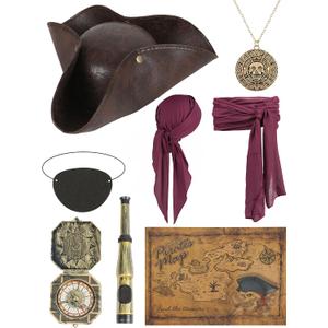 Pirate Hat Women Pirate Costume Accessories with Pirate Hat Eye Patch Necklace and Sash for Halloween Party Cosplay