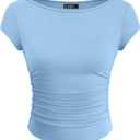 ZESICA Women's Summer Boat Neck Short Sleeve T Shirts 2026 Spring Slim Fit Y2k Going Out Crop Tops Basic Trendy Outfits, Blue, M (Blue, M)