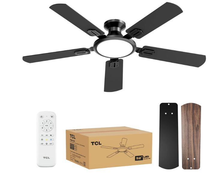 TCL 52" Low Profile Ceiling Fan with Light, Slim, Black, Flush Mount, DC Reversible Motor, 6 Speeds, Remote Control, Noiseless, Dimmable, LED Light, 3CCT, Modern Matte Black Ceiling Fan for Bedroom