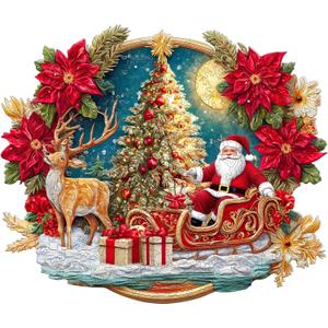 Lxfyloop Santa Claus Christmas Wooden Puzzles for Adults, Unique Shaped Holiday Wood Jigsaw Puzzle with Storage Box 195 Pieces, Stocking Gifts for Xmas, Thanksgiving Family Game 11.4x9.7 Inch (Small)