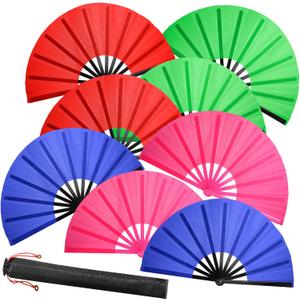 8 PCS Large Folding Fans Set for Line Dance & Popping, Chinese Kung Fu Hand Fans with 8PCS Fan Sleeves for Line Dancing for Men Women - Royal Blue, Rose Red, Green, Red
