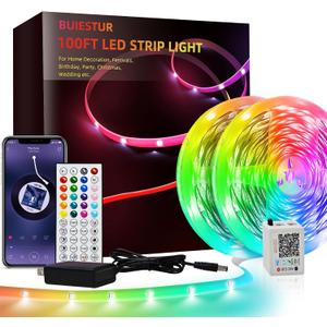 200 FT Bedroom LED Lights (2 Rolls of 100 FT)
Music Synchronized Color Changing RGB LED Strip Lights, Bluetooth LED Lights with Remote and App Control, Ideal for Home and Party Decoration