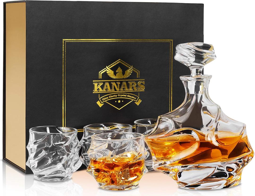 KANARS Crystal Whiskey Decanter Set, 27 Oz Emperor Decanter with Old Fashioned Glasses for Liquor Bourbon Scotch Tequila Snifter, Unique Christmas Gifts for Men Dad Grandpa Brother Adult (5 Piece Set)