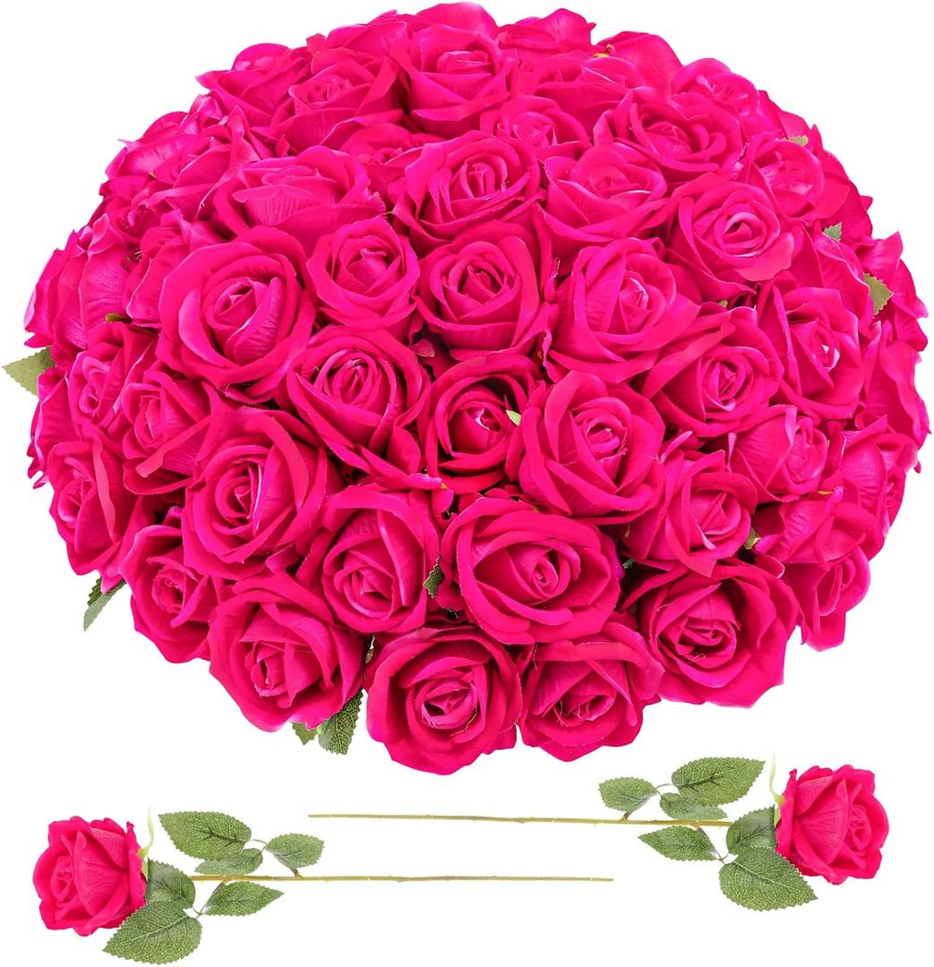 90 Pcs Hot Pink Velvet Rose Artificial Flowers with Long Stems, Fake Silk Roses Real Touch Fake Roses Florals for Birthday Wedding Bouquet Party Arrangement Decorations