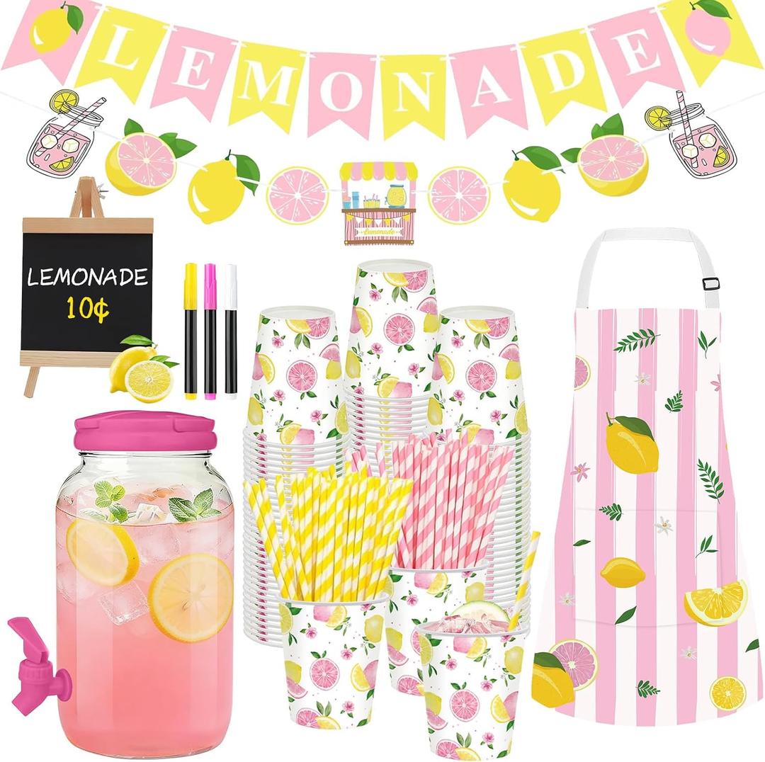 208 Pcs Pink Lemonade Stand Supplies Kit Include 1 Gallon Plastic Drink Dispenser, Pink Yellow Lemonade Banner, 100 Cups with Straws, Waterproof Apron, Blackboard for Summer Lemon Stand Party Decor
