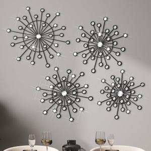 Blulu 4 Pcs Metal Wall Decor Bling Crystal Wall Art Cast Iron Rhinestones Sunburst Decor Starburst Art Hanging Diamond Accents Home Decorative for Living Room Bedroom Entryway(Black)