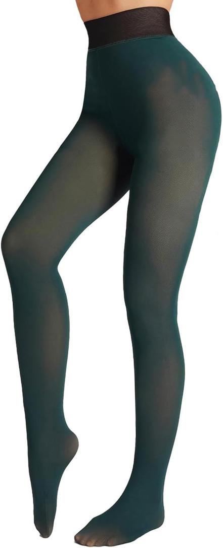 Fleece Lined Tights Sheer Women - Fake Translucent Warm Pantyhose Leggings Sheer Thick Tights for Winter (X-Small, Green)