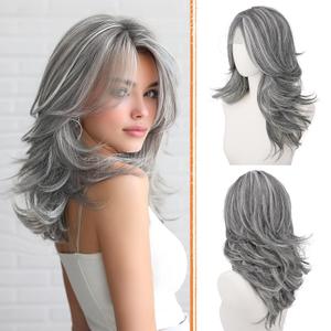 Haloo Grey Layered Wigs with Curtain Bangs Lace Front Hairline Long Wavy Natural Looking Middle Part Synthetic Hair Wig for Women Daily Party Costume, 20 Inch