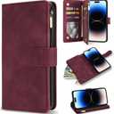 ZZXX For iPhone 14 Pro Max Case Wallet With [RFID Blocking] Card Slot Soft PU Leather Zipper Flip Folio With Wrist Strap Kickstand Protective Cover For iPhone 14 Pro Max Wallet Case(Wine Red-6.7 inch)