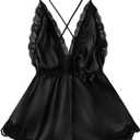 WDIRARA Women's 2023 Satin Teddy Lingerie Lace Deep V Backless Sleeveless Romper Sleepwear (Large, Black)