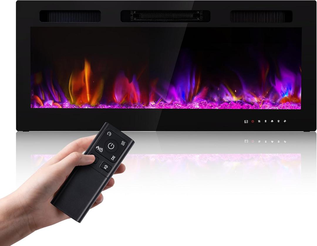 Electric Fireplace 50 Inch Wall Mount Insert Fireplaces Realsmart 1500W,Fit for 2 X 6 stub,Ultra-Thin Heater Ultra-Thin with 3 Heating Modes Timer 12 Adjustable Flame Colors Touch Remote Control