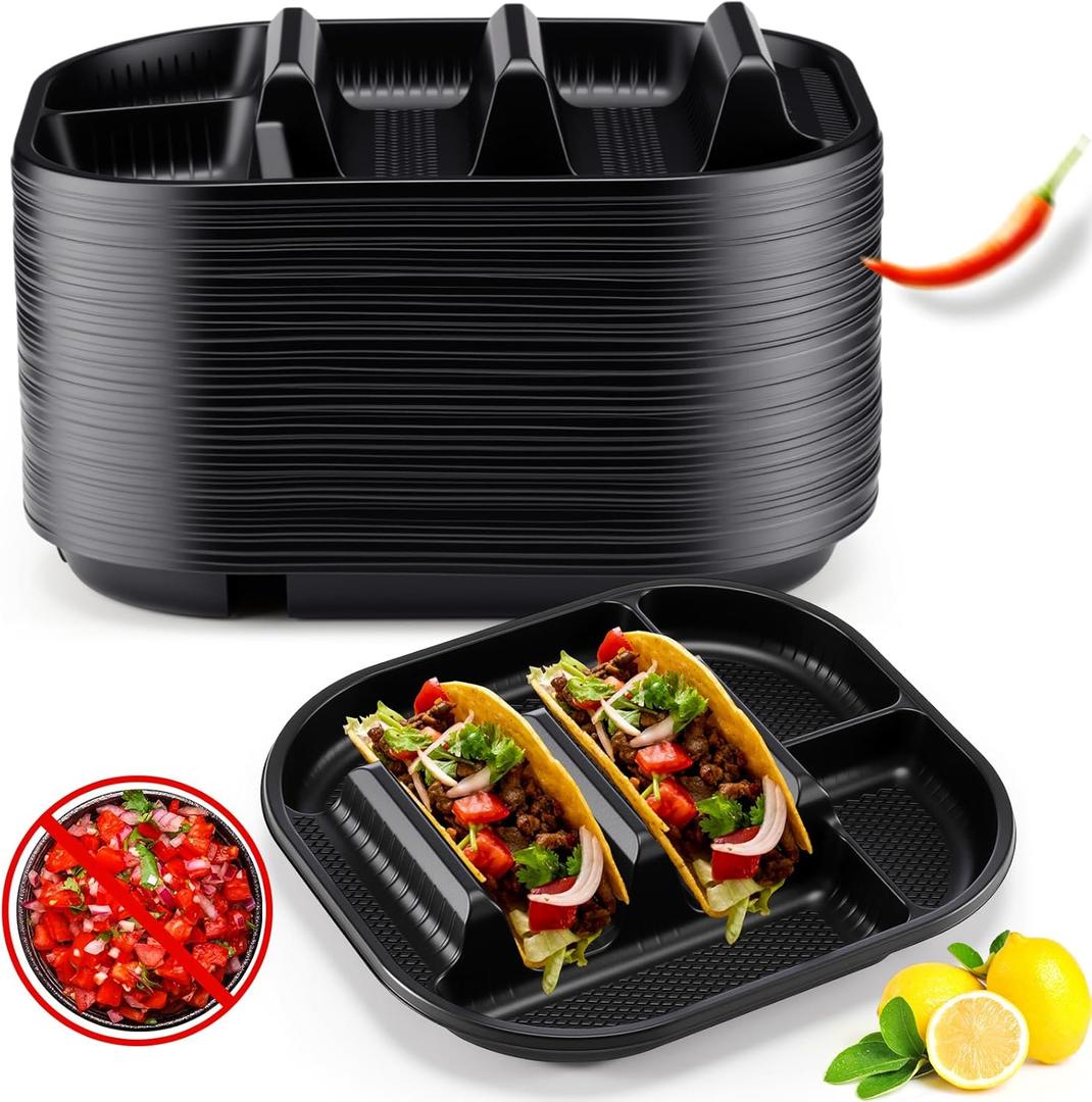 Baderke 40 Pack Disposable Plastic Taco Plates, Fiesta Tacos Holder Tray PP Taco Holder Plates with 2 Dividers for Soft & Hard Shells for Tacos Tuesday Bar, Parties, Picnics (Black)