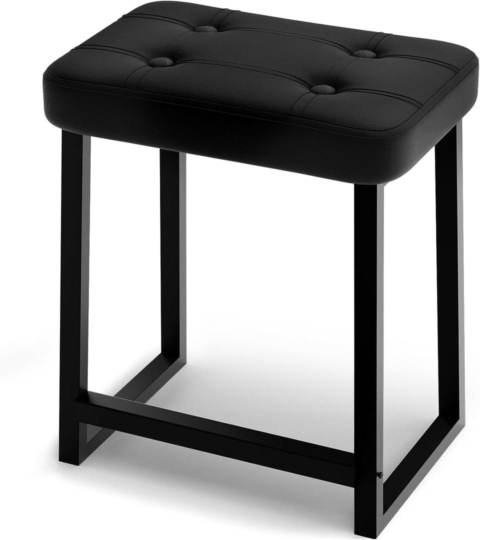Vanity bar Stool Chair, Makeup Stool Counter Height stools,Small Ottoman Footrest for Living Room, Bathroom, Bedroom, Entryway, OfficesLeather &Metal Legs with Anti-Slip Feet, Black