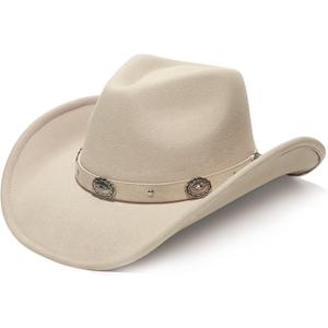 Faux Suede Felt Western Cowboy Hat for Women or Men, Wide Brim, Rivet Strap (One Size-Medium, Beige)