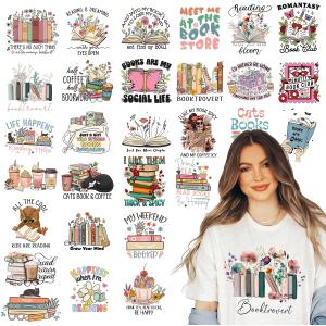 Kaciola 30 Sheets Book Lover Iron on Transfers, Bookworm DTF Transfers Ready to Press Washable Stickers Iron on Decals for T Shirts Hoodie DIY Crafts